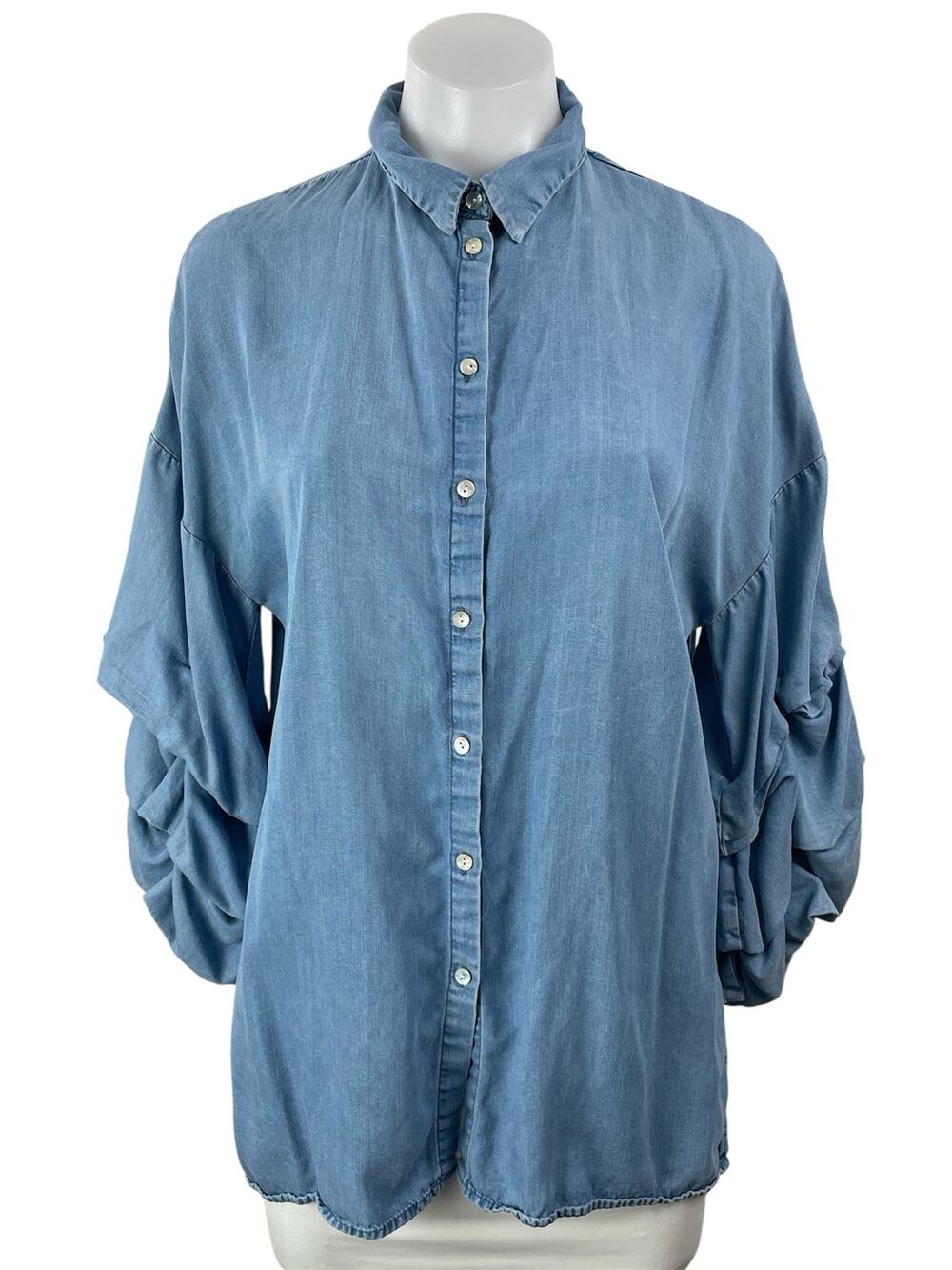 Zara Women's Blue Long Sleeve Ruched Denim Jean Button Down Shirt Top Size M